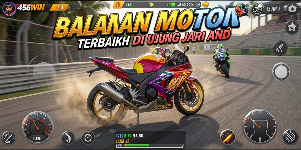 Screenshot 456WIN menampilkan momen mendebarkan dalam balapan motor.