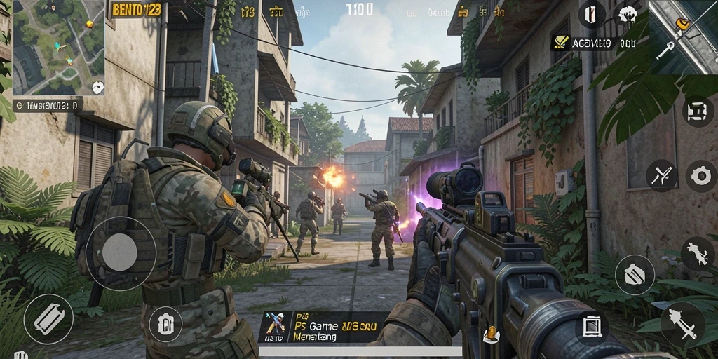 Screenshot BENTO123 menampilkan aksi gameplay FPS yang intens.