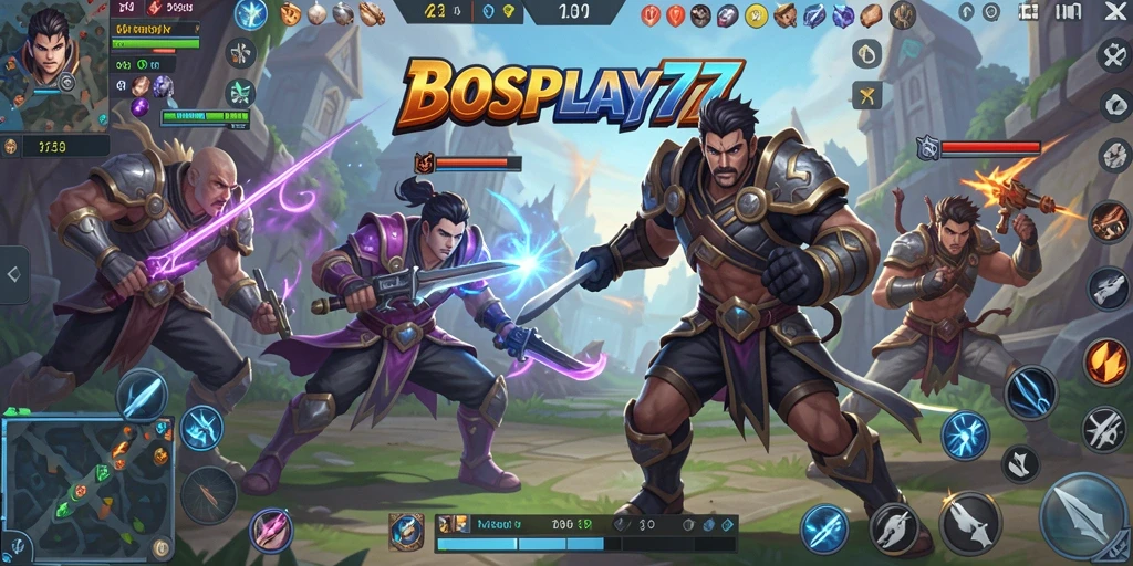 Screenshot gameplay seru dari BOSPLAY77 yang menunjukkan pertarungan tim.