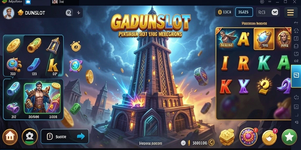 Screenshot gameplay GADUNSLOT menunjukkan menara yang megah mempertahankan wilayah dari serangan musuh.