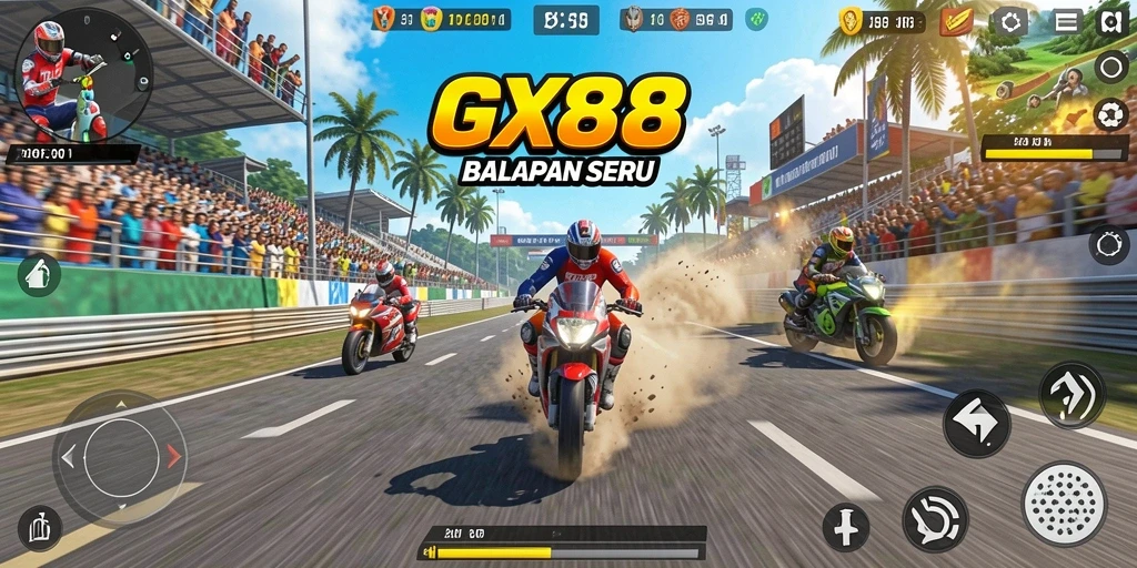 Screenshot dari gameplay GX88 yang menunjukkan balapan mendebarkan di lintasan.