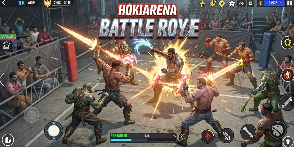 Tangkapan layar HOKIARENA menampilkan pertempuran intens di arena Battle Royale.