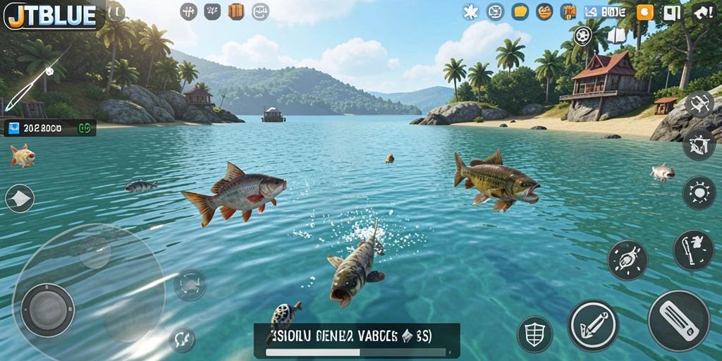 Screenshot JTBLUE menunjukkan aksi memancing yang seru dan menantang.