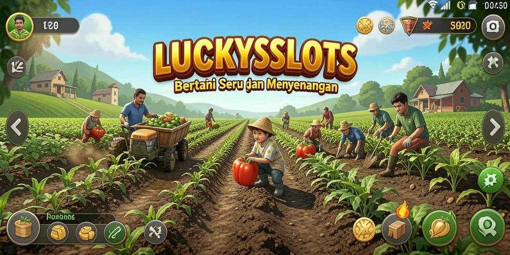 Tangkapan layar utama LUCKYSLOTS dengan aktivitas bertani yang seru.