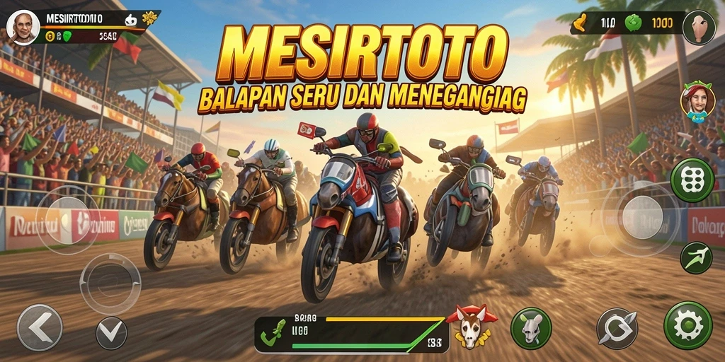 Tampilan gameplay seru dari MESIRTOTO yang menampilkan aksi balapan mendebarkan.