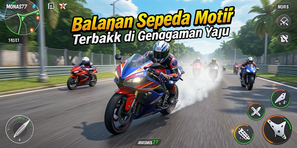 Screenshot gameplay MONAS77 yang menunjukkan aksi balapan sepeda motor yang seru.