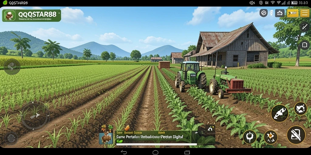 Screenshot gameplay QQSTAR88 menampilkan kebun yang subur dan aktivitas bertani.