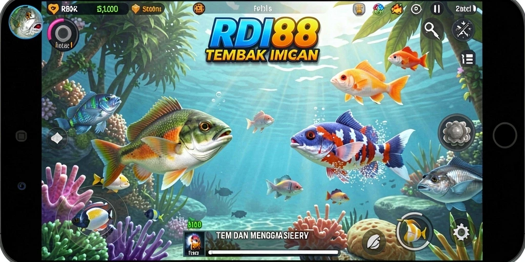 Screenshot gameplay RDI88 dengan berbagai ikan dan senjata menarik.