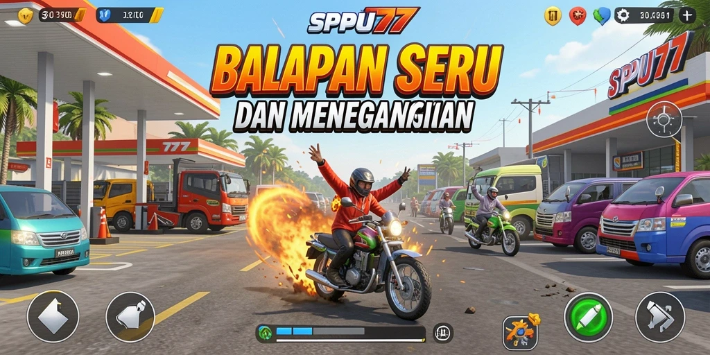 Tampilan gameplay seru dalam SPBU77 dengan mobil balap yang keren.