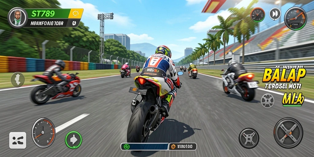 Screenshot utama ST789 menampilkan balapan motor yang cepat dan mendebarkan.