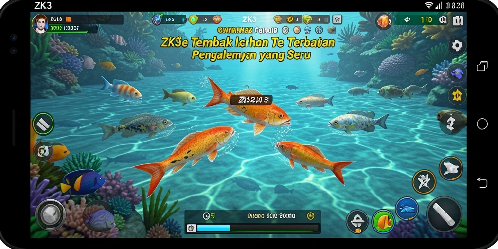 Screenshot ZK3 menampilkan gameplay seru saat menembak ikan.